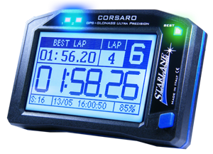 GPS LAptimer CORSARO mit Datenlogger und Displayansich der Zeitnahme