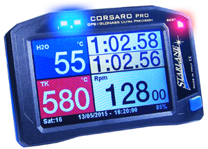 Corsaro Laptimer GPS mit Hauptdisplayseit für Temperaturen, Drehzahl und Zeitnahme