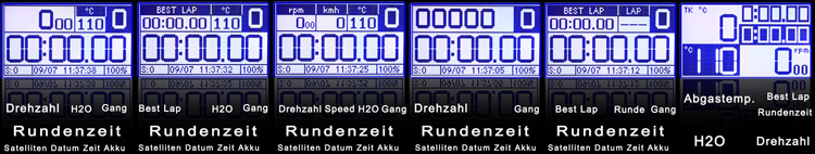 Weitere Displayseiten sind aufrufbar Laptimer Corsaro und Datenlogger mit Ansicht der Displayseiten