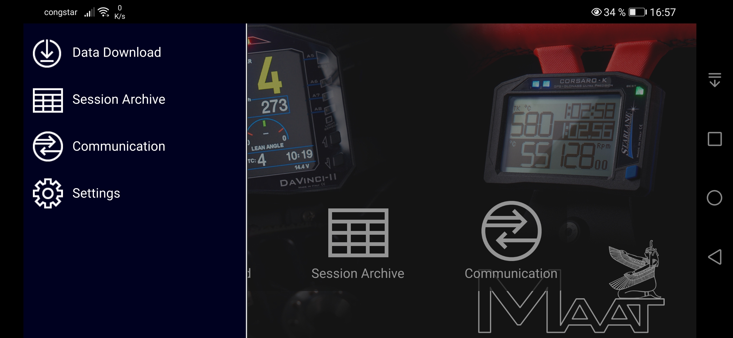 Menüführung der mobilen Datenanalyse im Rennsport