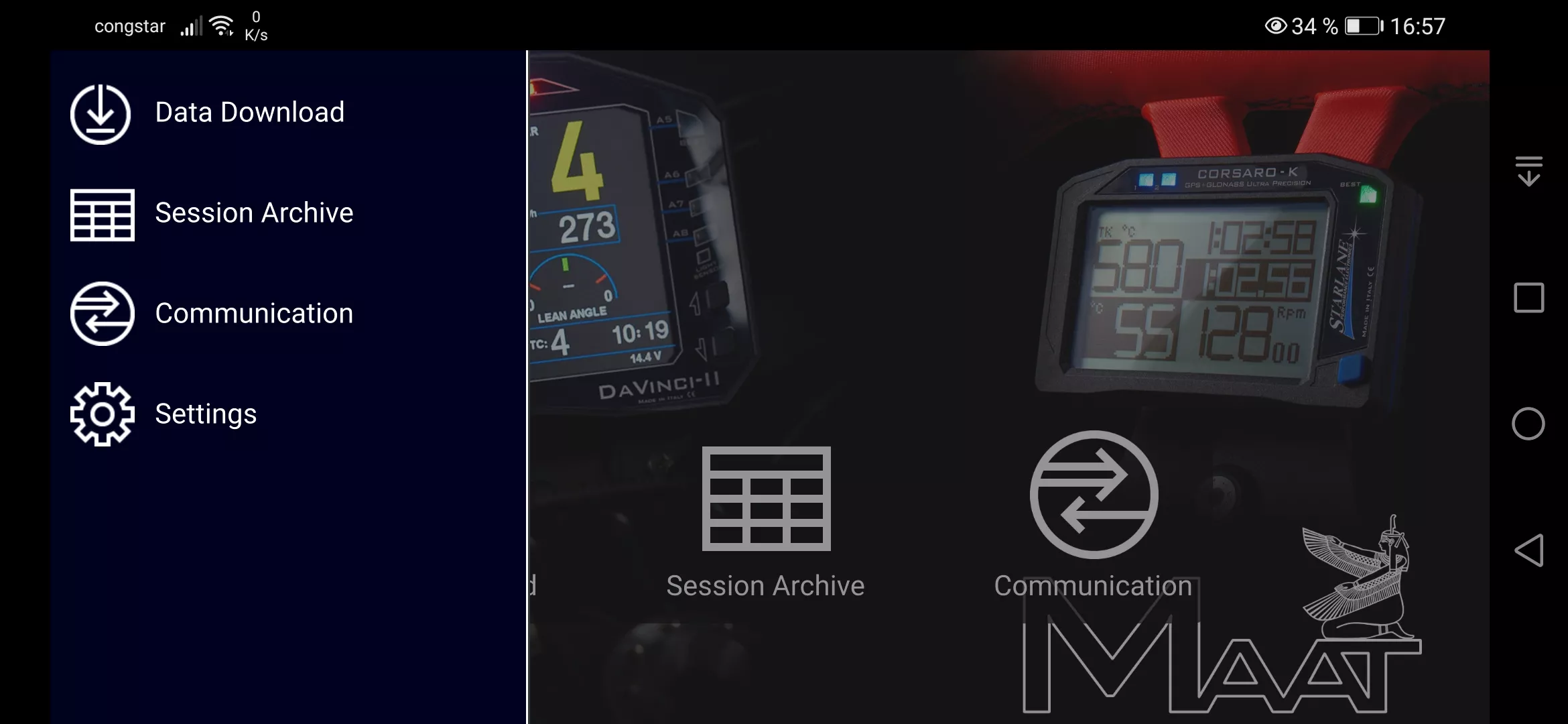 Menüführung der mobilen Datenanalyse im Rennsport